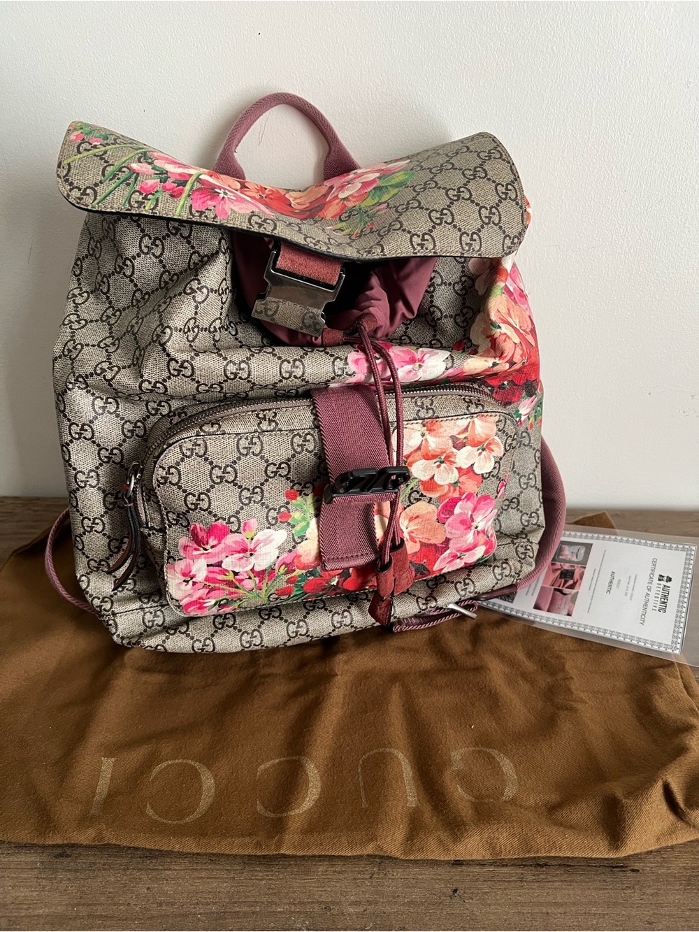 Gucci GG Supreme Floral Canvas Backpack in Pink and Green - Picture 9 of 9